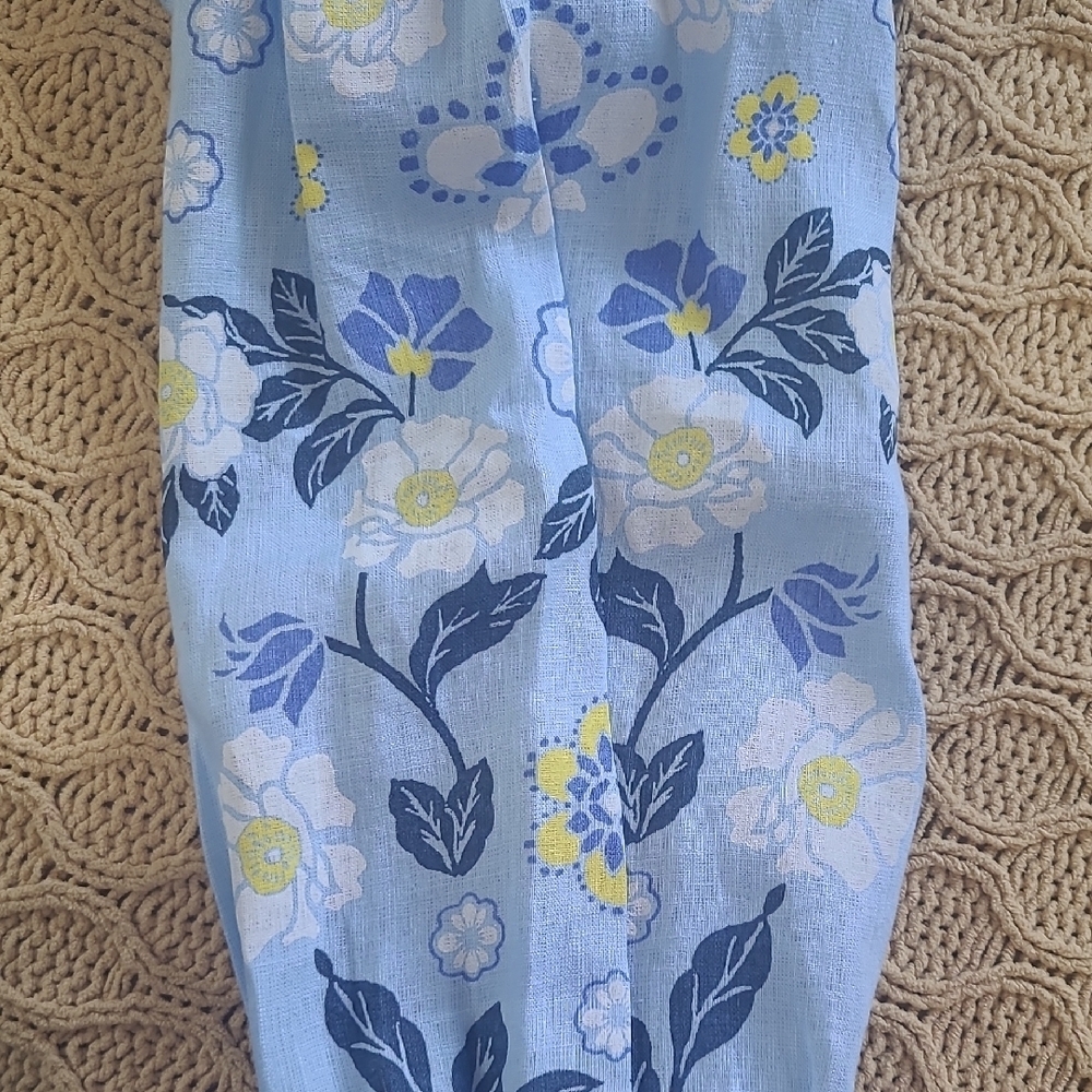 Charter Club Blue Linen Blouse with Floral Printed Sleeves - Size L - Picture 2 of 9